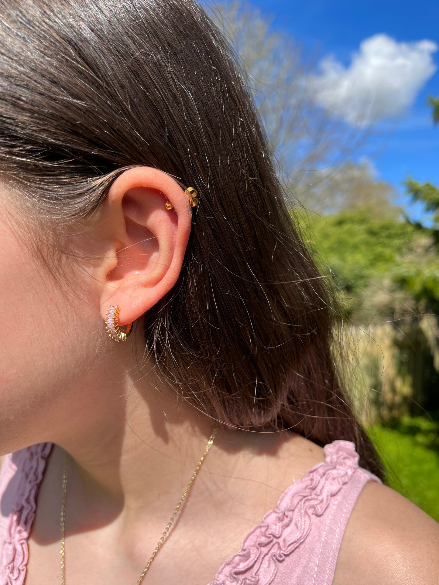 LOVE BABY PINK HUGGIE HOOPS GOLD